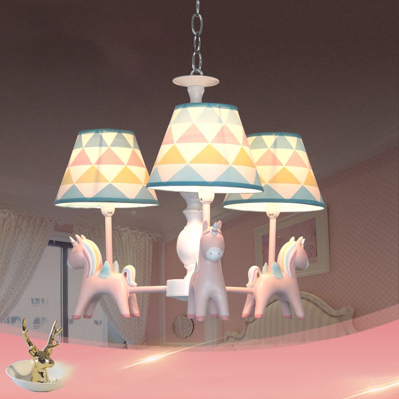 Tapered Shade Child Room Suspension Light Patterned Fabric Kids Chandelier Light with Decorative Unicorn