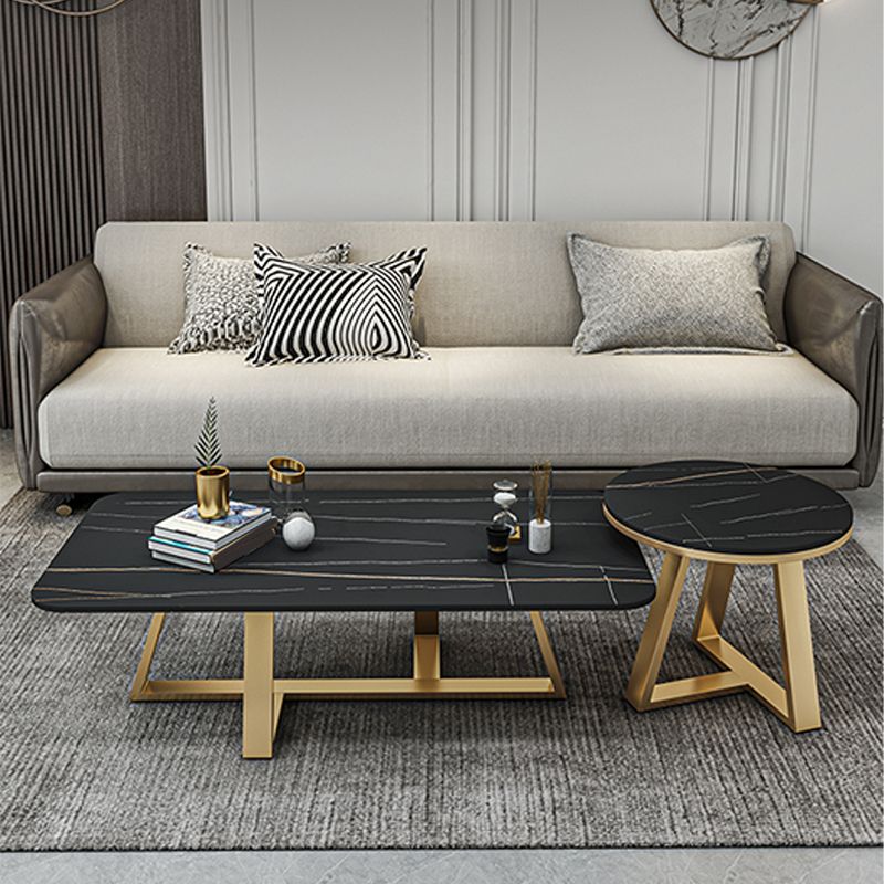 Glam Rectangle Stone Top Coffee Table with Iron Cross Legs Coffee Table