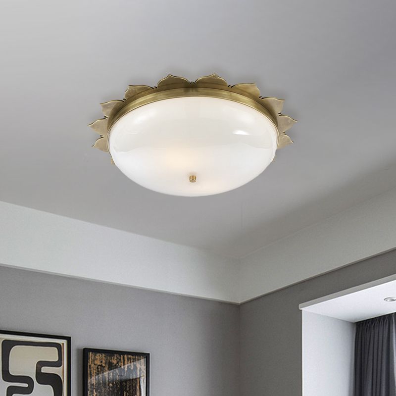 3 Heads Opal Glass Ceiling Light Colonialist Gold Bowl Shape Bedroom Flush Mount Recessed Lighting