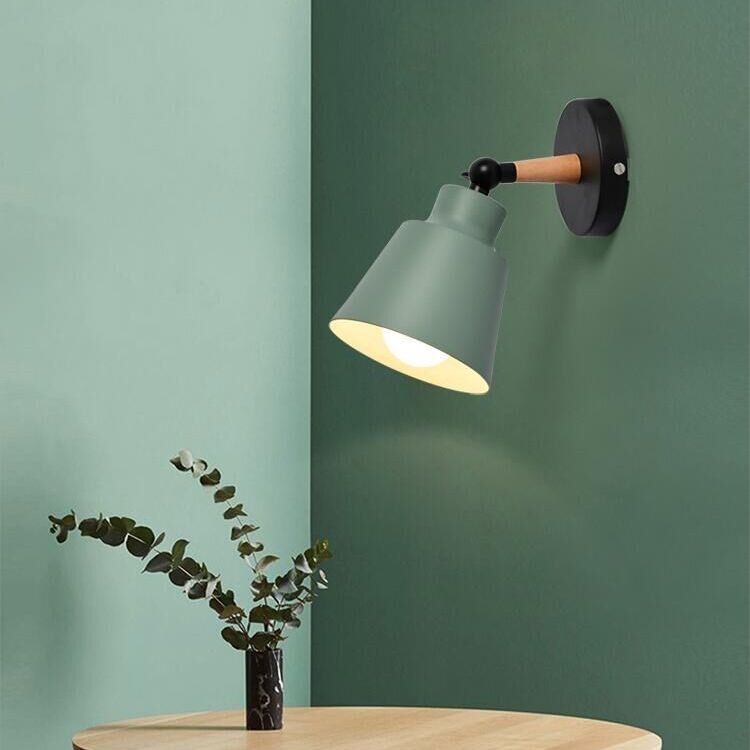 Nordic Macaroon Style Sconce Lights Conical Metal Shade Single Bulb Wooden Wall Mount Lamp for Bedroom