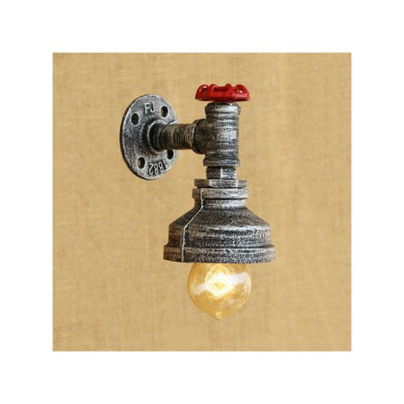 Water Pipe Metal Wall Lighting Rustic Style 1 Light Restaurant Wall Mounted Lamp with Red Valve in Bronze/Antique Brass