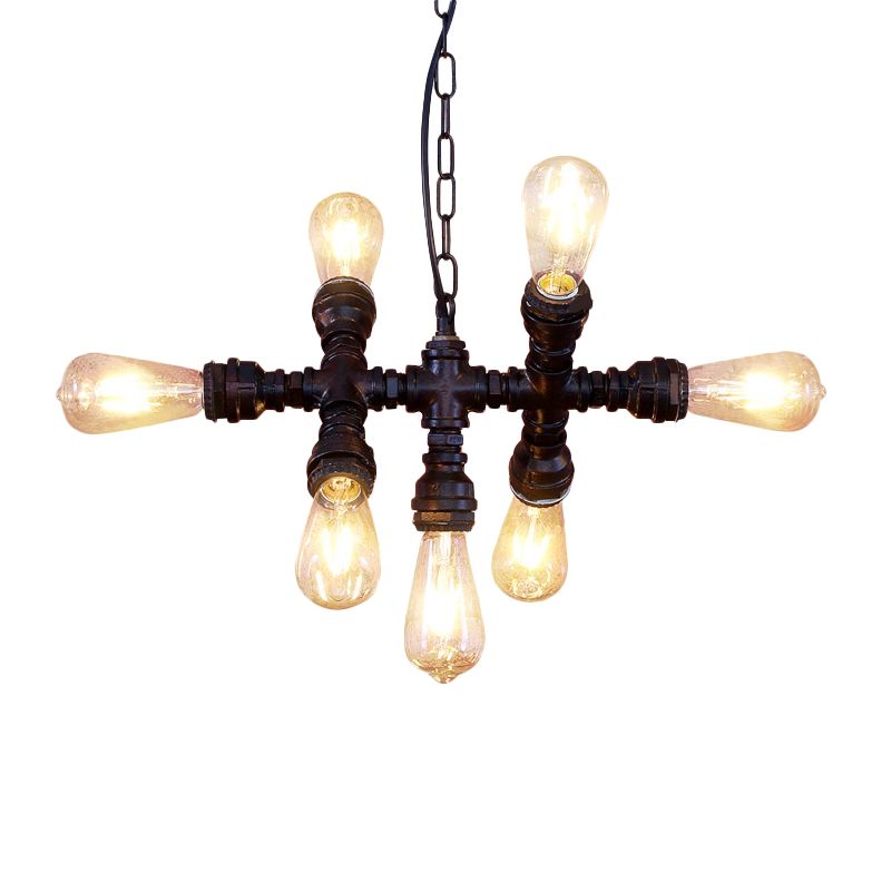 Black 7-Head Chandelier Light Industrial-Style Wrought Iron Plumbing Pipe Pendant Light Fixture