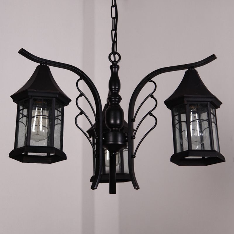 Black 3/5/6 Heads Ceiling Light Industrial Clear Glass Lantern Chandelier Light Fixture