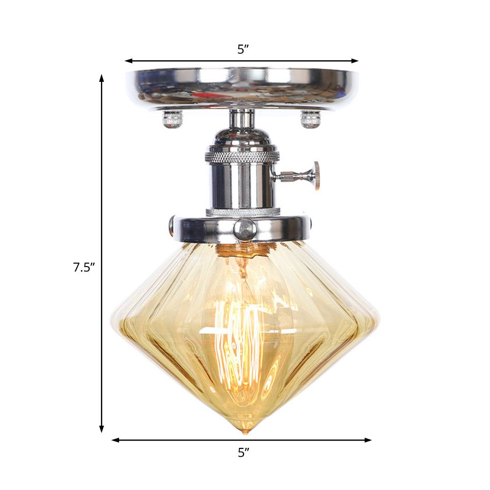1 Bulb Semi Flush Mount Cone/Bell/Rhombus Industrial Clear/Amber Glass Ceiling Light in Chrome