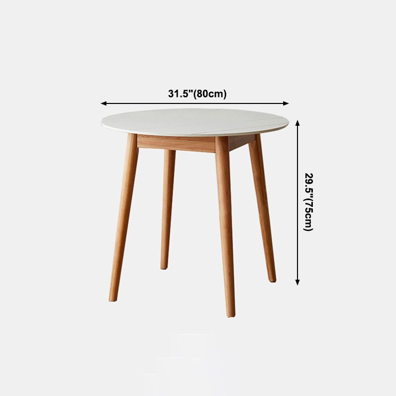 Contemporary Round Dining Table White Sintered Stone Table with 4 Cherry Wood Legs