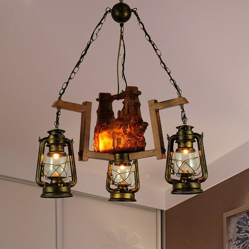 Loft Style Lantern Pendant Light 3 Lights Metal Aged Brass Chandelier for Restaurant