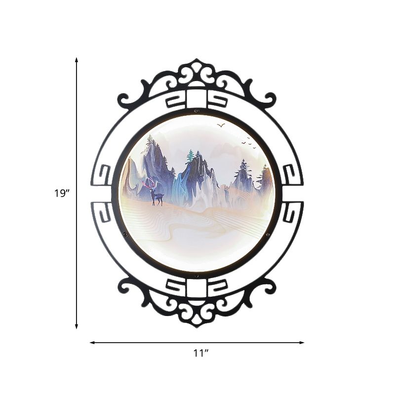 Elk and Mountain Study Room Mural Lampe Metal Asian LED Wall Lightture avec cadre de défilement en noir