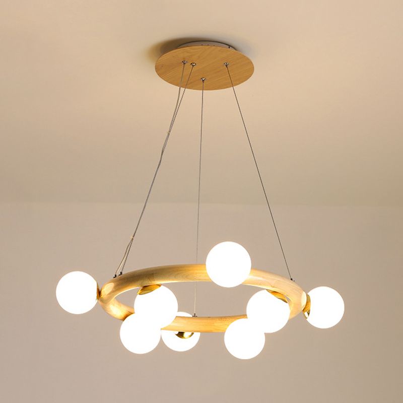 Orbs Opal Matte Glass Chandelier Nordic 8 Bulbs Beige Ceiling Pendant Light with Wood Circle Arm