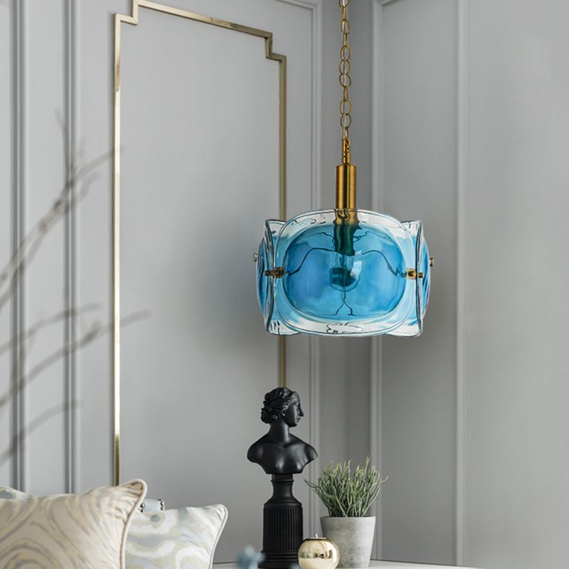 1 Bulb Restaurant Ceiling Lighting Modernist Brass Pendant Lamp Kit with 3-Panel Blue Water Glass Shade