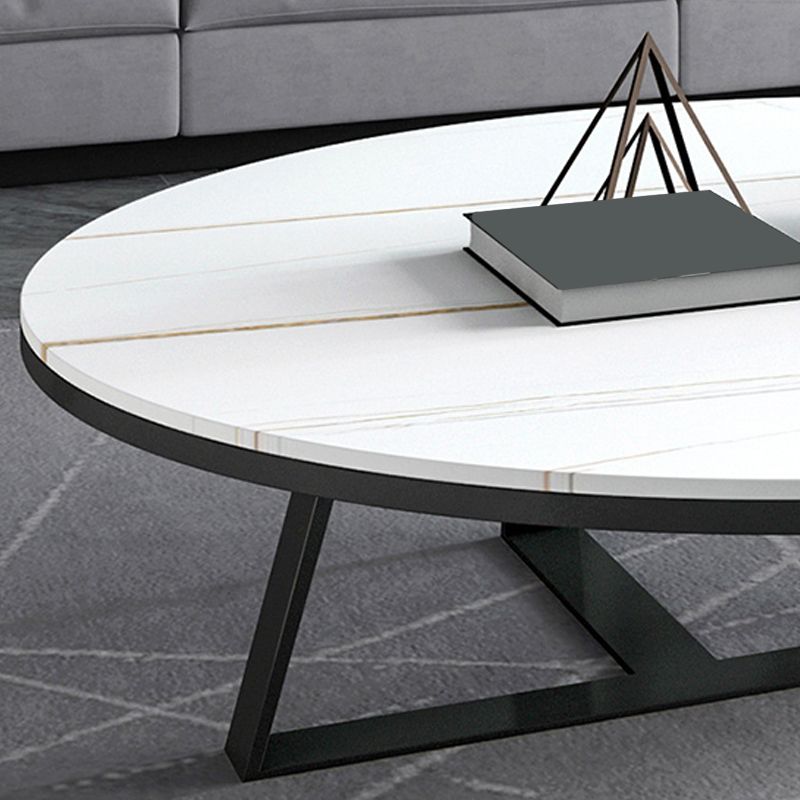 Glam Oval Stone Top Coffee Table with Iron Cross Base 17.71" High