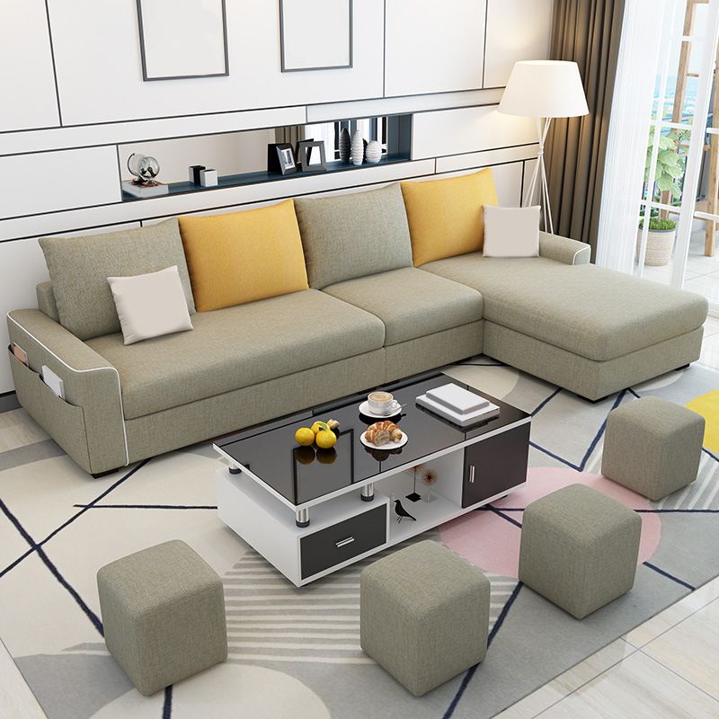 L-Shape Linen Blend Square Arm Sectional with Slipcovered and Storage