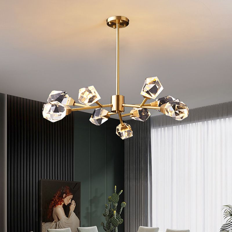 9-Bulb Clear Crystal Pendant Lighting Modern Brass Gem Shaped Living Room Chandelier Light Fixture