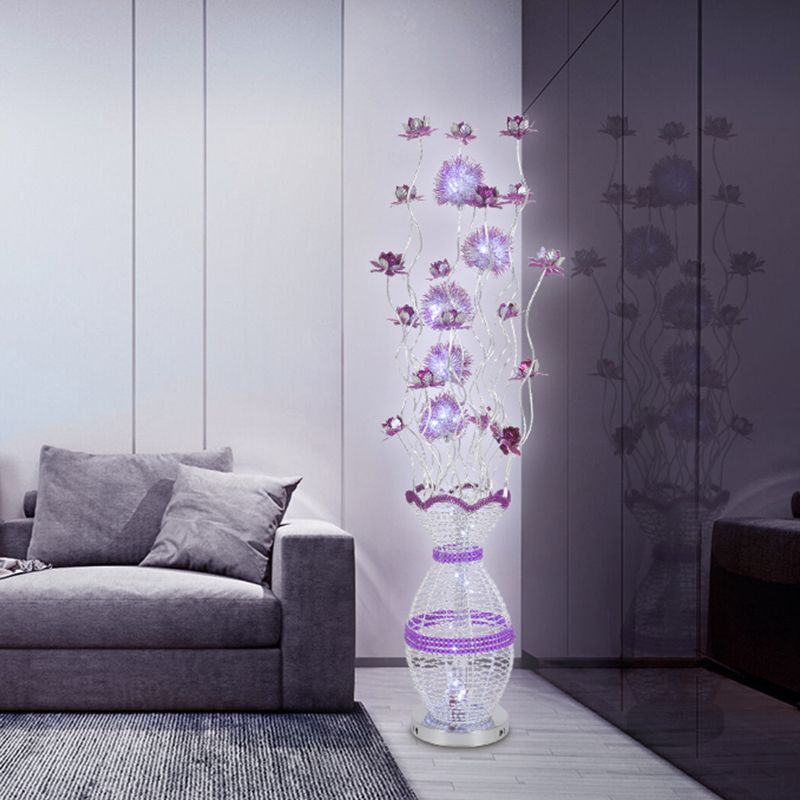 Metal Hrowleed Urna Lighting Art Decor Lámpara de lectura de dormitorio LED con decoración de flores en luz púrpura, cálida/blanca