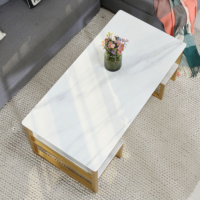 Glam Rectangle Marble Top Table with 2 Storag Shelves and Iron Base