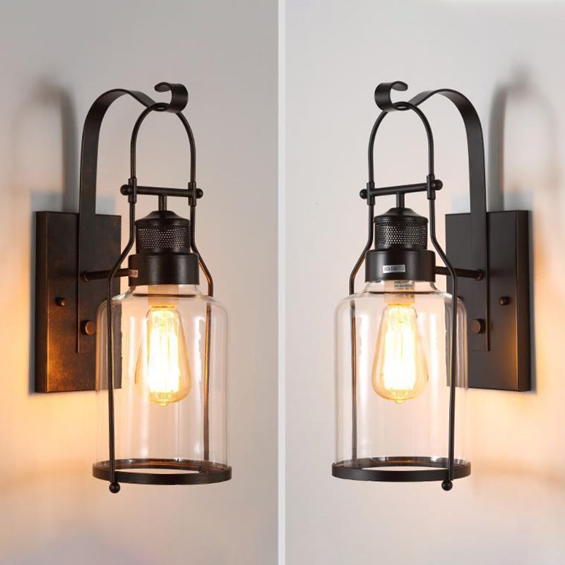 Schwarz 1-Licht-Wandmontage Leuchte Industrielle Clearglaszylinderlampe