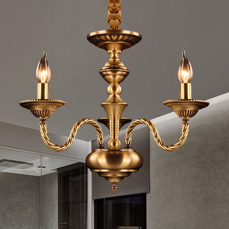 Colonial Candle Chandelier Pendant Lighting 3/5/6 Lights Metal Hanging Ceiling Lamp in Brass with Curved Hemp Rope Design Arm