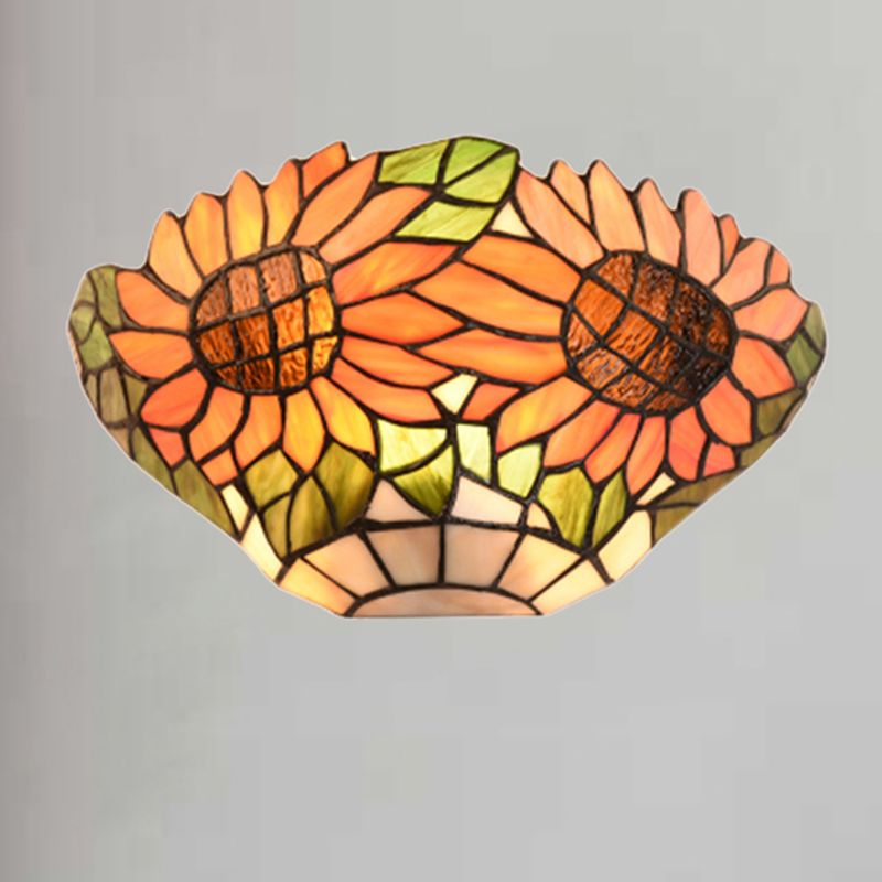 Rustic Style Orange Wall Sconce Sunflower Stained Glass 1 Light Wall Light for Restaurant