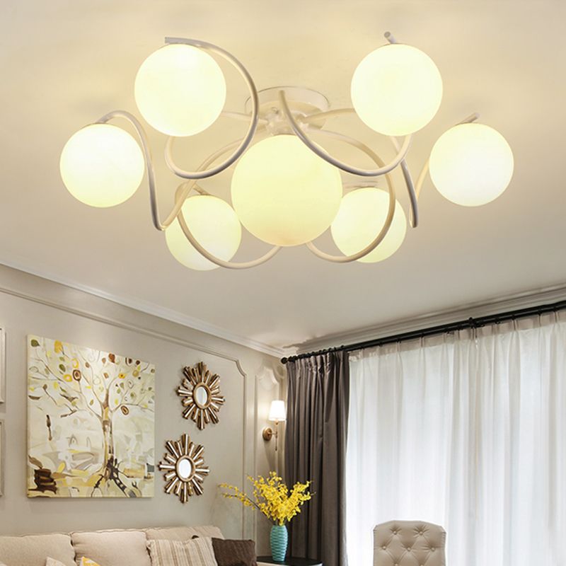 4/7 Lights Opal Glass Semi Flush Light Traditional Black/White Orb Living Room Ceiling Lighting, 22"/34" Wide