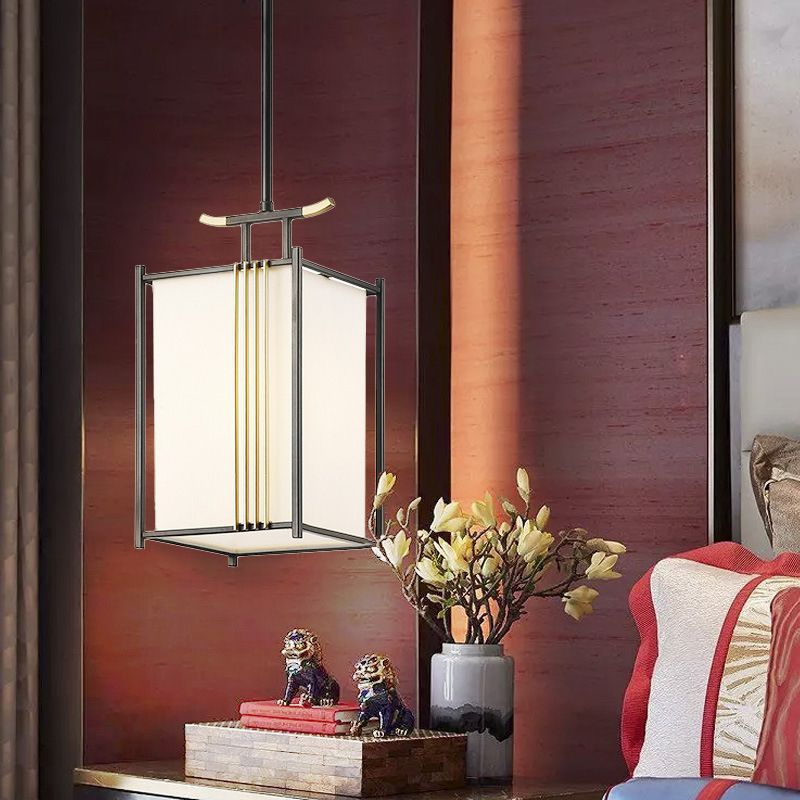 Rectangle Fabric Shade Pendant Hanging Lamp Chinese Style 1 Light Bedroom Hanging Ceiling Light