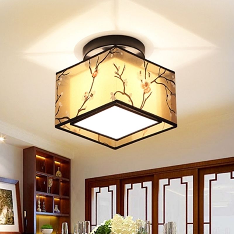 Black 1 Light Ceiling Lighting Chinese Style Fabric Design Semi Flush Mount Lighting for Living Room