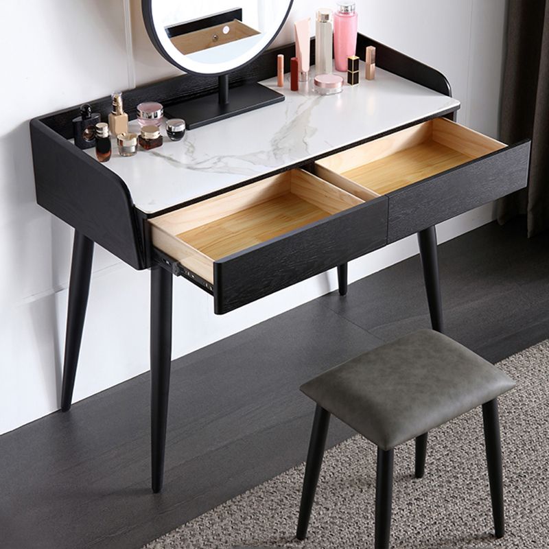 Contemporary Stone Makeup Dressing Table 33.5" H 2 Drawers Vanity Table in Black