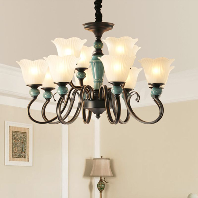 Flower Shade Ribbed Ruffled Glass Ceiling Lighting Traditional Living Room Chandelier Light Fixture