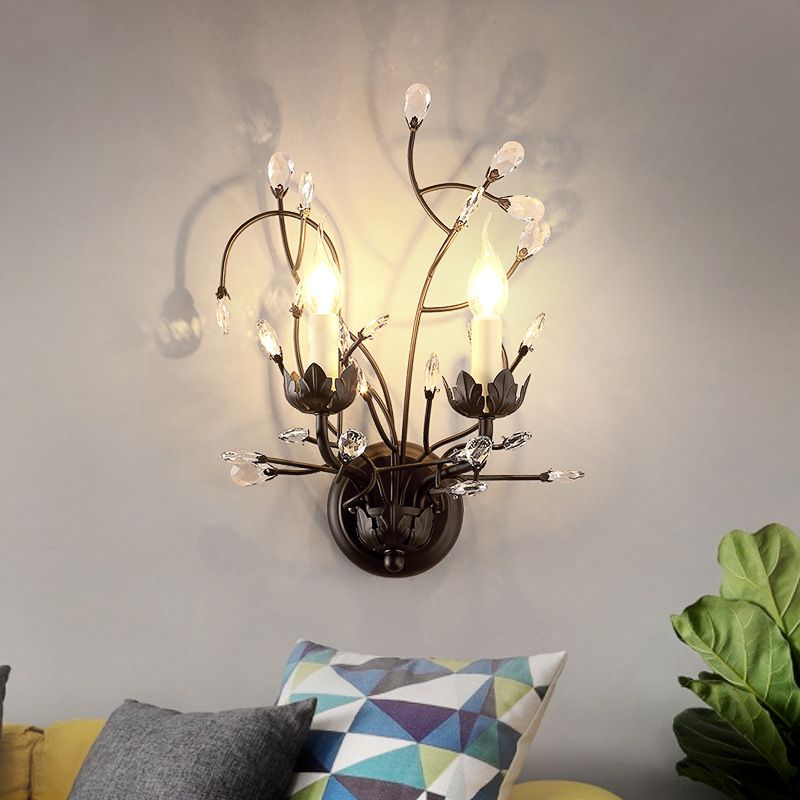 Crystal Candle Shape Wall Sconce Modern Style 2 Lights Wall Light Fixture in Black