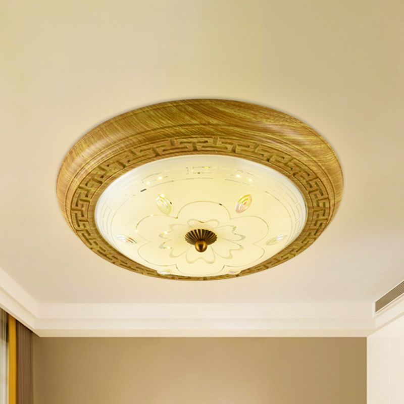 Plafonnier LED en bois avec abat-jour en forme de dôme en verre, simple cercle jaune-marron, 14"/19,5" de largeur