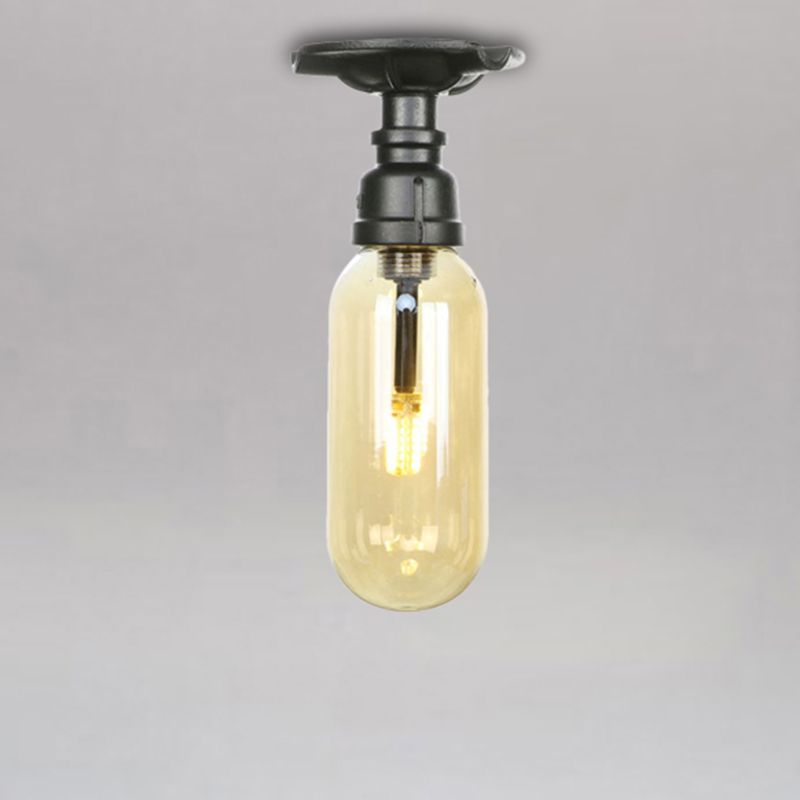 1 Light Capsuled Shade Semi Flush Light Industrial Black Amber Glass Ceiling Mount with Pipe Design