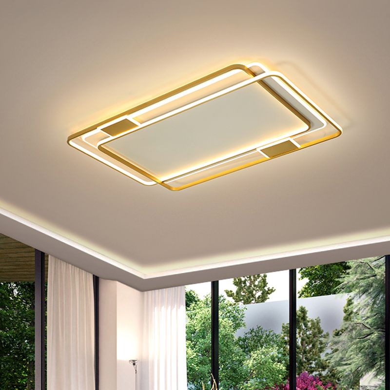 Double Square/Rectangle Parlor Ceiling Lamp Metal Minimalist LED Flush Mount Light in Gold, Warm/White Light