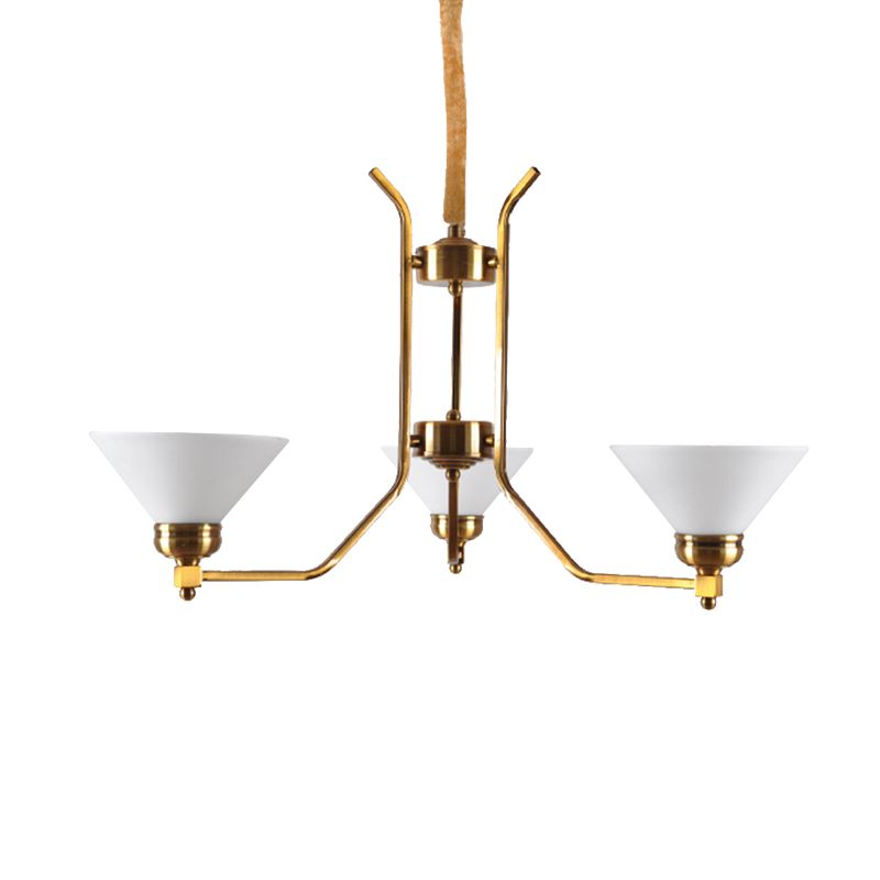 Cone White Glass Chandelier Lighting Traditional 3/6 Lights Living Room Pendant Lighting in Gold