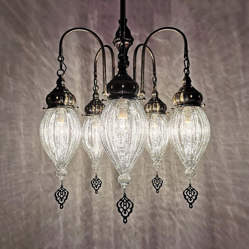 Bronze 5 Heads Chandelier Lamp Traditional White Ribbed Glass Teardrop Ceiling Light