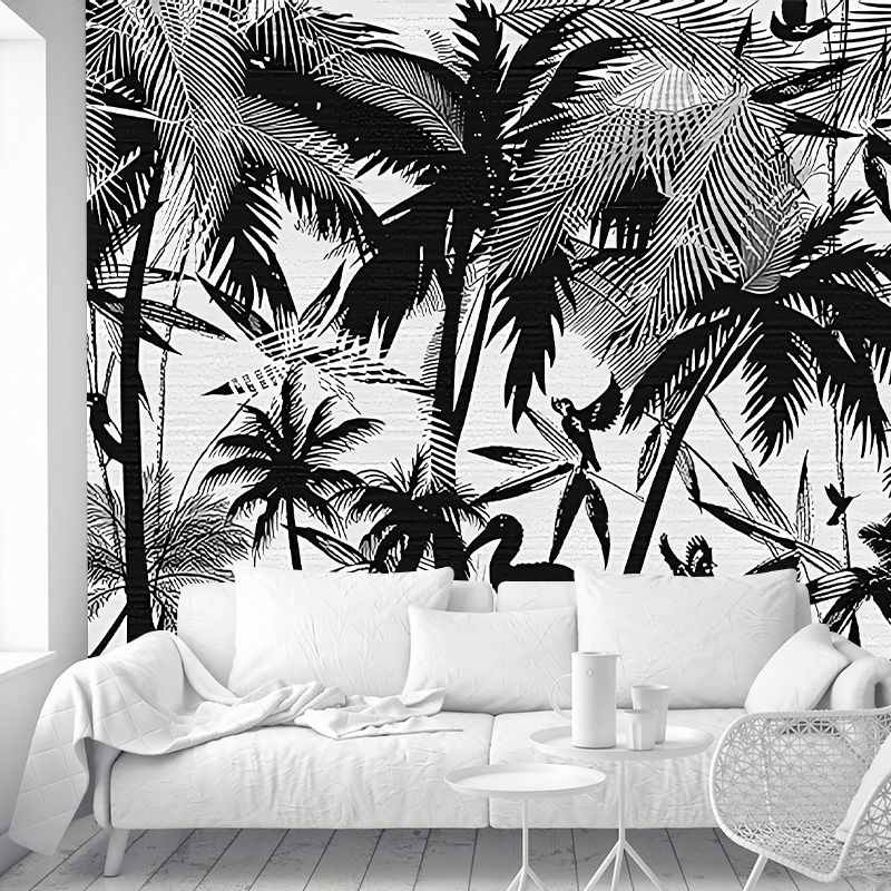 Whole Tropical Wall Paper Murals Black Coastal Palm Trees and Flamingo Painting Wall Art, Made to Measure