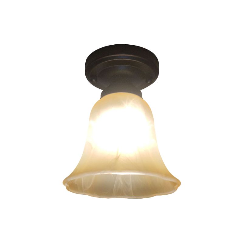 Black Single Bulb Ceiling Light Antiqued Milky Glass Bell Shape Flush Mount Lighting Fixture