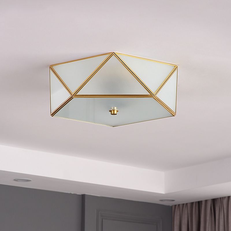 Lámpara de techo geométrica de cobre, montaje empotrado de vidrio esmerilado de estilo colonial para dormitorio