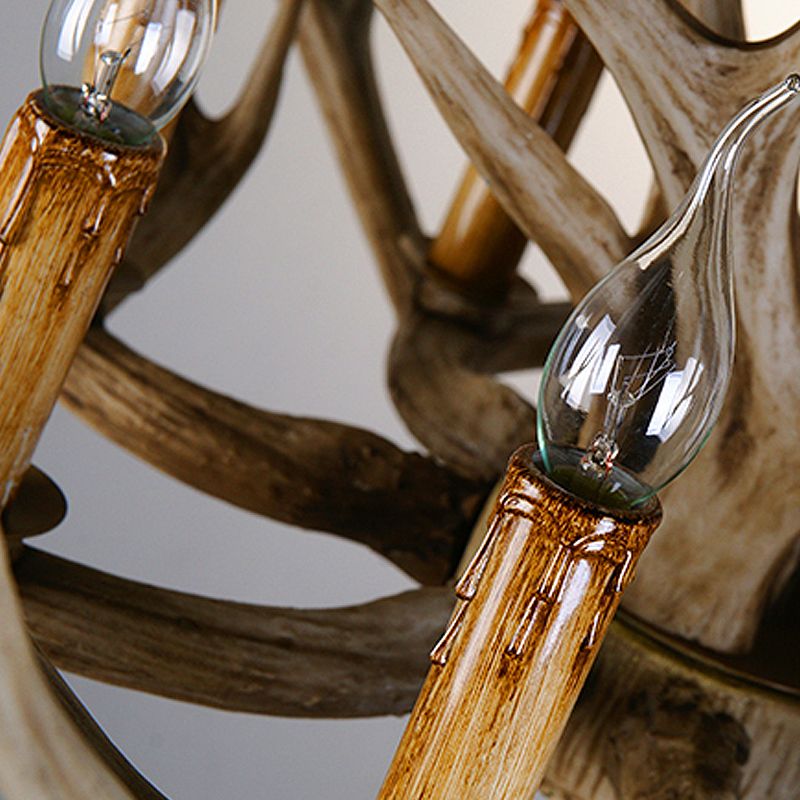 Brown 8 Heads Chandelier Pendant Lamp Countryside Resin Candle Hanging Ceiling Light with Antler Design