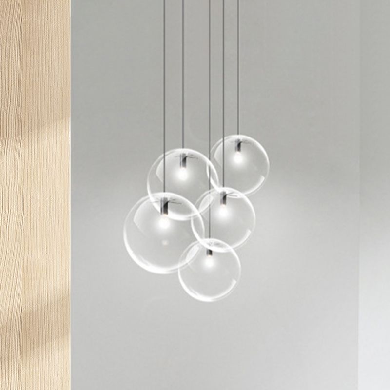 6"/8"/12" Wide Orb Pendant Lighting Contemporary 1 Light Clear Glass Hanging Ceiling Light in Black for Living Room