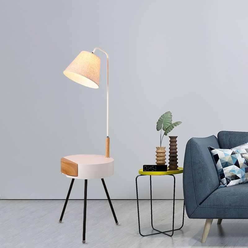 Tripod Table Floor Lighting Modern Metallic Single Head Black/Grey/White and Wood Stand Lamp with Fabric Shade