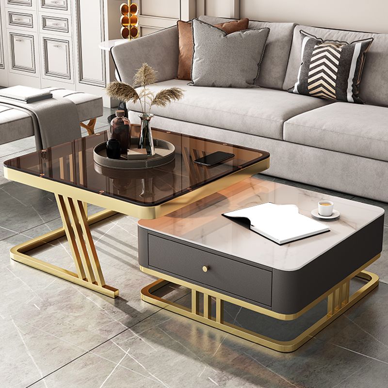 Glam Frame Coffee Table Glass/Slate Square Cocktail Table with Drawer