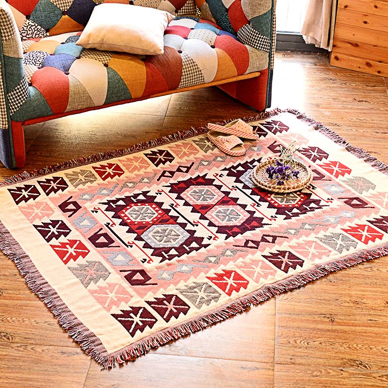 Multicolor Woven Geometric Pattern Rug Cotton Bohemian Rug Washable Pet-Friendly Carpet for Room