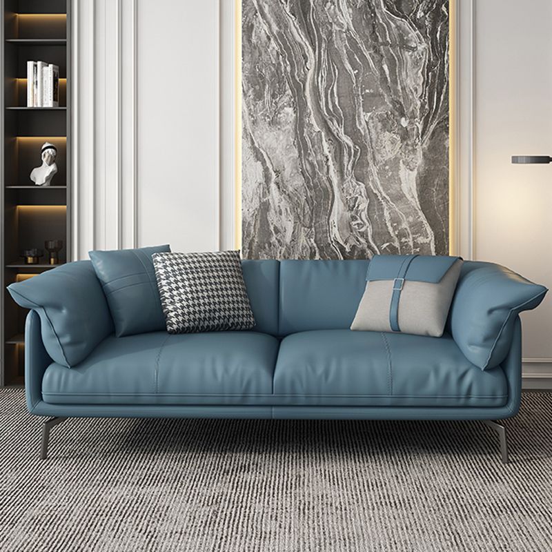 Stationary Stain Resistant Genuine Leather Living Room Pillow Top Arm Sofa