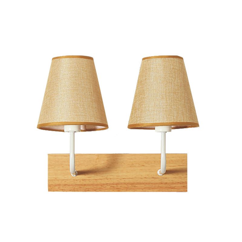 Flaxen Cone Shade Wall Mounted Light Nordic 2 Bulbs Fabric Sconce Light Fixture with Rectangle Wood Backplate