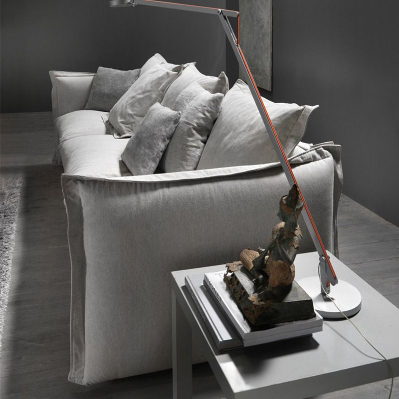 3-seater Linen Slipcovered Sofa Round Arm Sofa with 4 Pillows