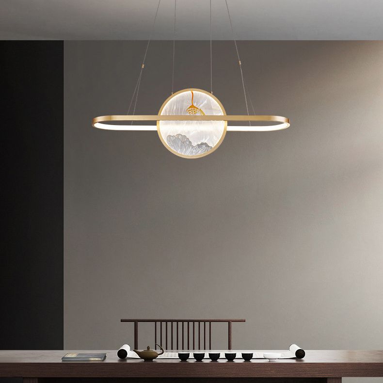 Chinese Style Gold Round Linear Island Pendant Lighting LED Metal Island Ceiling Light for Living Room