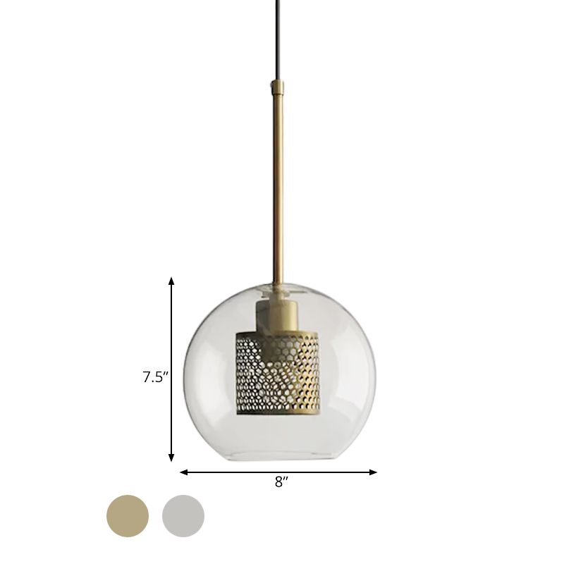 Cylindrical Bedroom Suspension Light Colonial Metal Mesh 1 Bulb Bronze/Silver Gray Pendant with Clear Glass Shade, 8"/9.5"/12" W