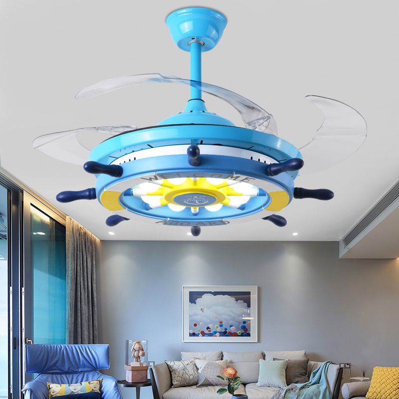 Retractable Blades Pendant Fan Light Children Metal Bedroom LED Semi Flush Light