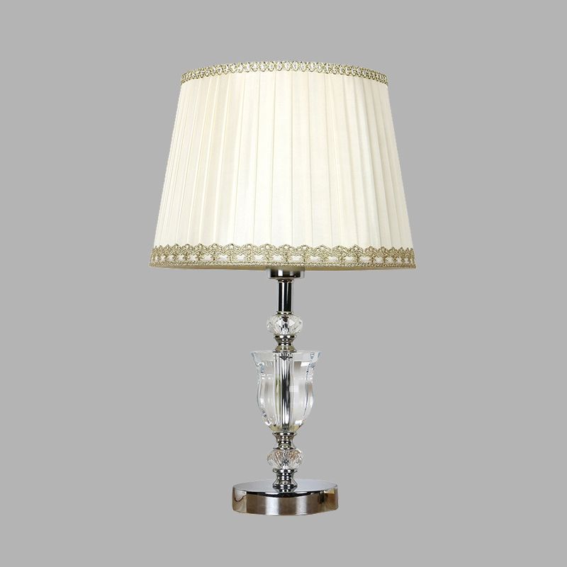 White Drum Table Light Simple Fabric Single Head Bedroom Nightstand Lamp with Crystal Accent
