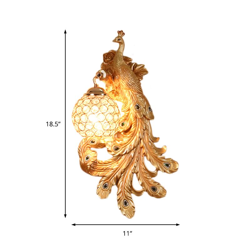 1 Light Blue/Gold Peacock Wall Lamp Country Resin 1/2-Pack Sconce Lighting with Crystal Globe Shade, Double/Right/Left