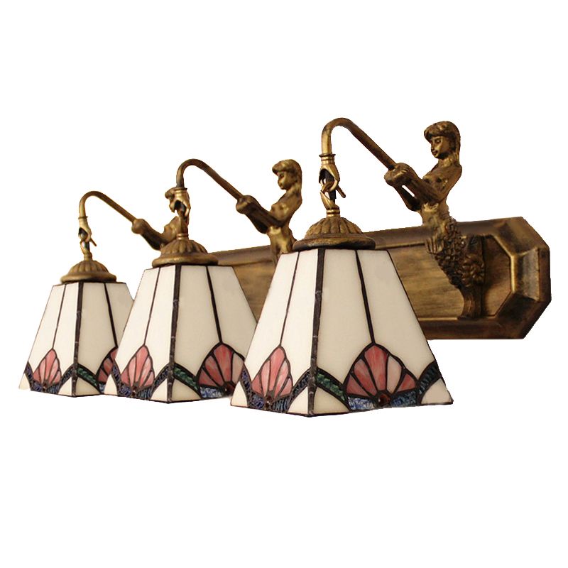 Trapezoid Wall Mount Light Tiffany White Glass 3 Lights Brass Vanity Light Fixture with Mermaid Decoration