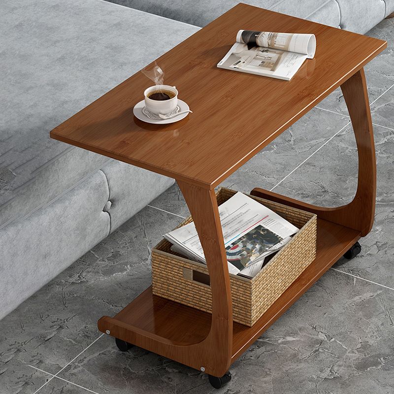 Bamboo Sofa Side Accent Table in Brown Modern 1 - Shelf End Table with Casters